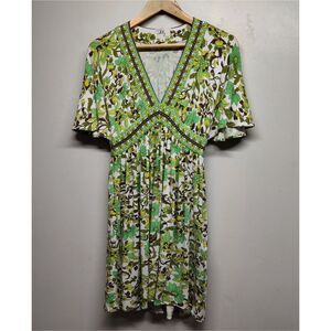 Milly Of New York Mini Dress Women Size M White Green Floral Short Sleeve Retro